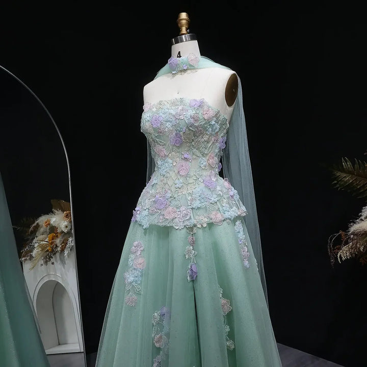 Elegant Sage Green 3D Floral Appliqué Evening Dress with Sheer Scarf SS755-DreamyVow