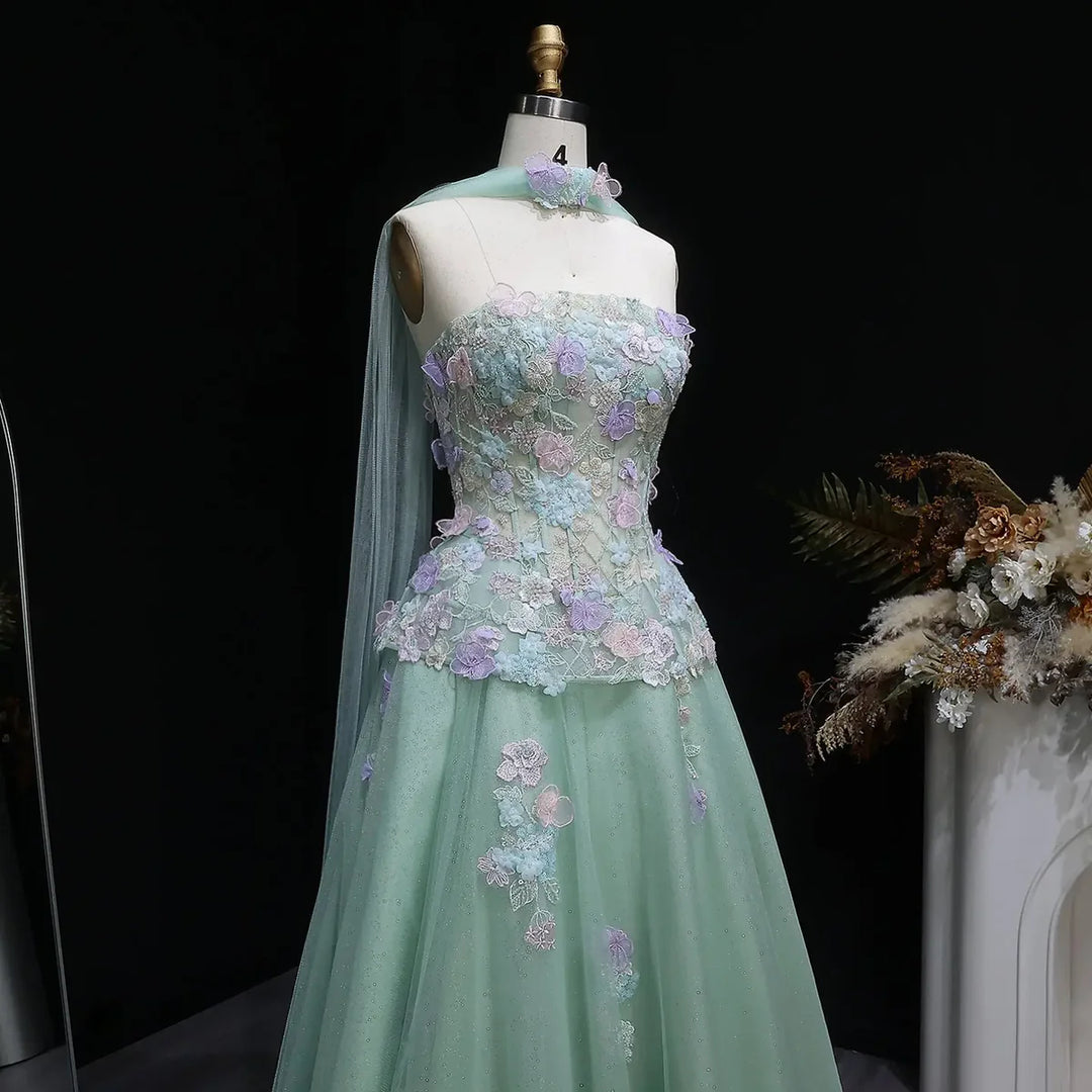 Elegant Sage Green 3D Floral Appliqué Evening Dress with Sheer Scarf SS755-DreamyVow