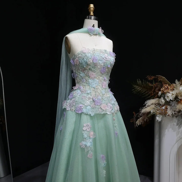 Elegant Sage Green 3D Floral Appliqué Evening Dress with Sheer Scarf SS755-DreamyVow