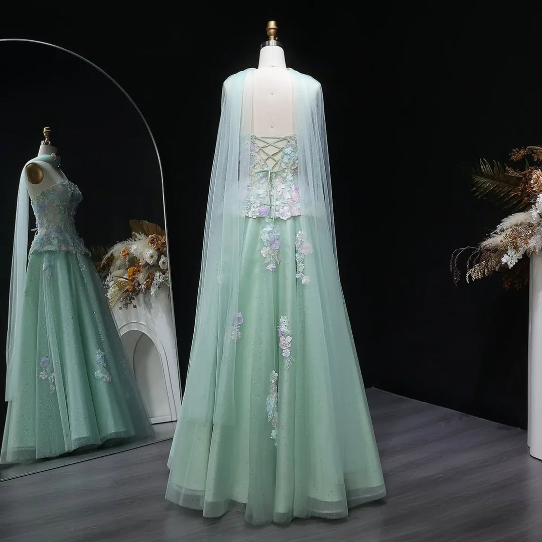 Elegant Sage Green 3D Floral Appliqué Evening Dress with Sheer Scarf SS755-DreamyVow