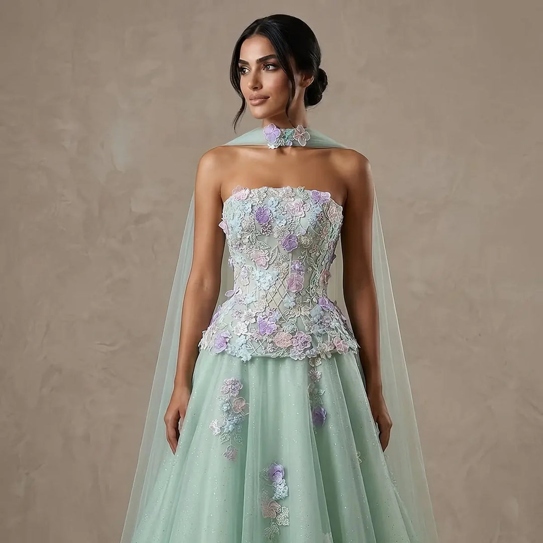 Elegant Sage Green 3D Floral Appliqué Evening Dress with Sheer Scarf SS755-DreamyVow
