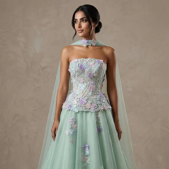 Elegant Sage Green 3D Floral Appliqué Evening Dress with Sheer Scarf SS755-DreamyVow