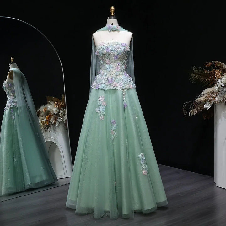 Elegant Sage Green 3D Floral Appliqué Evening Dress with Sheer Scarf SS755-DreamyVow