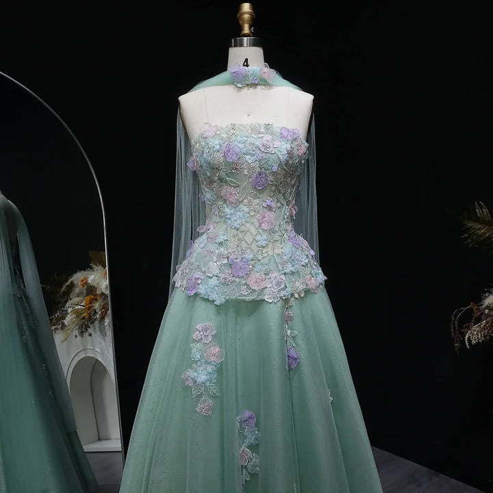 Elegant Sage Green 3D Floral Appliqué Evening Dress with Sheer Scarf SS755-DreamyVow