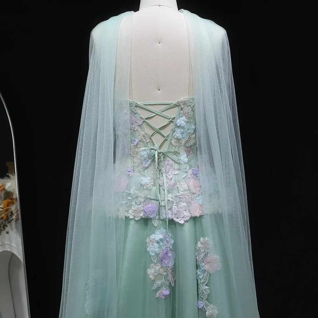 Elegant Sage Green 3D Floral Appliqué Evening Dress with Sheer Scarf SS755-DreamyVow
