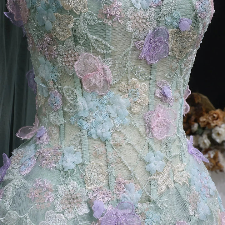Elegant Sage Green 3D Floral Appliqué Evening Dress with Sheer Scarf SS755-DreamyVow