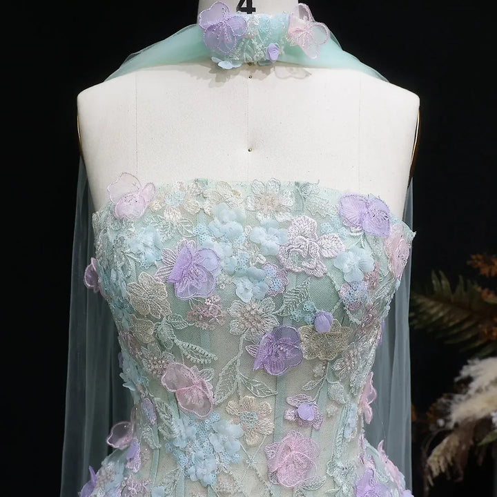 Elegant Sage Green 3D Floral Appliqué Evening Dress with Sheer Scarf SS755-DreamyVow