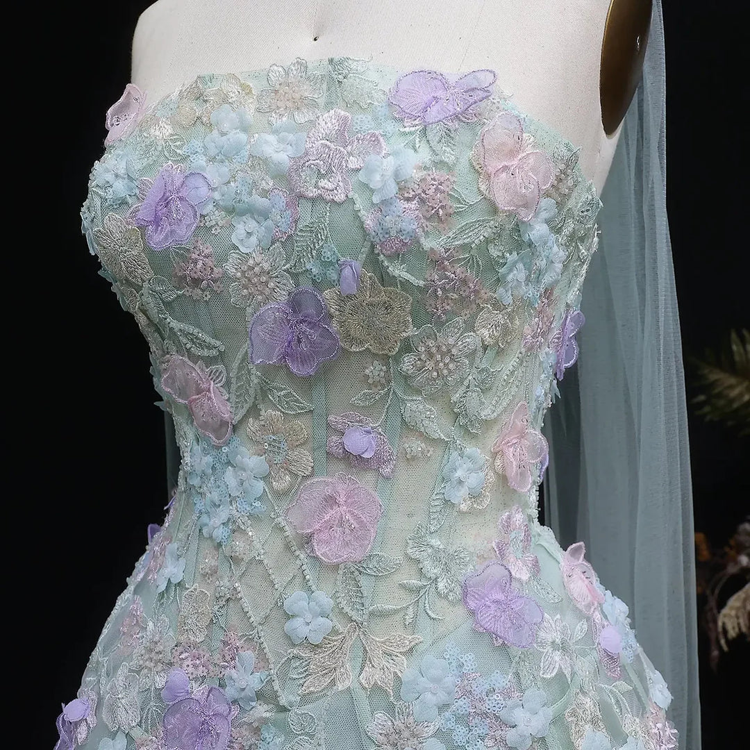 Elegant Sage Green 3D Floral Appliqué Evening Dress with Sheer Scarf SS755-DreamyVow