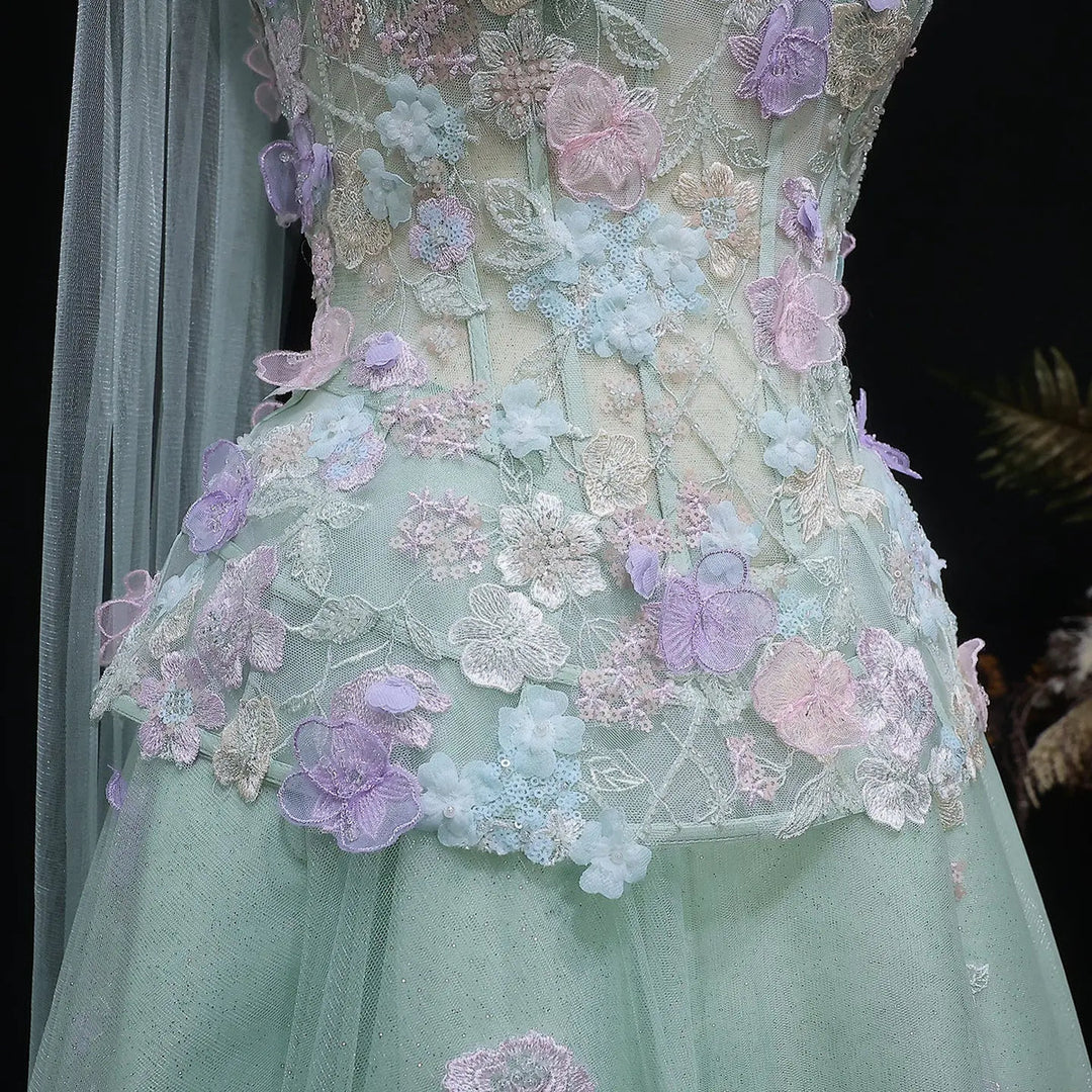 Elegant Sage Green 3D Floral Appliqué Evening Dress with Sheer Scarf SS755-DreamyVow