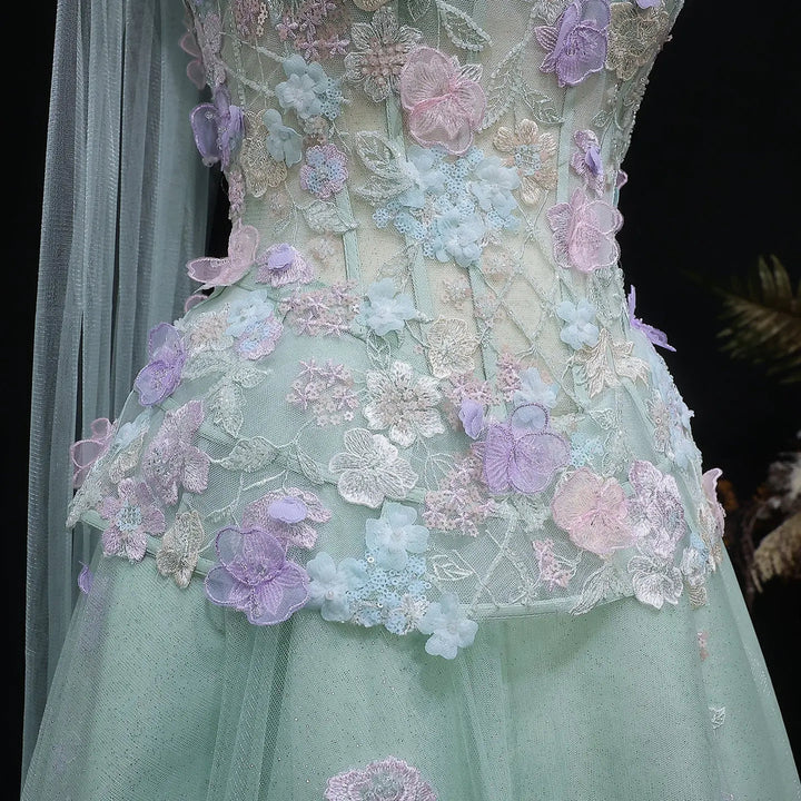 Elegant Sage Green 3D Floral Appliqué Evening Dress with Sheer Scarf SS755-DreamyVow
