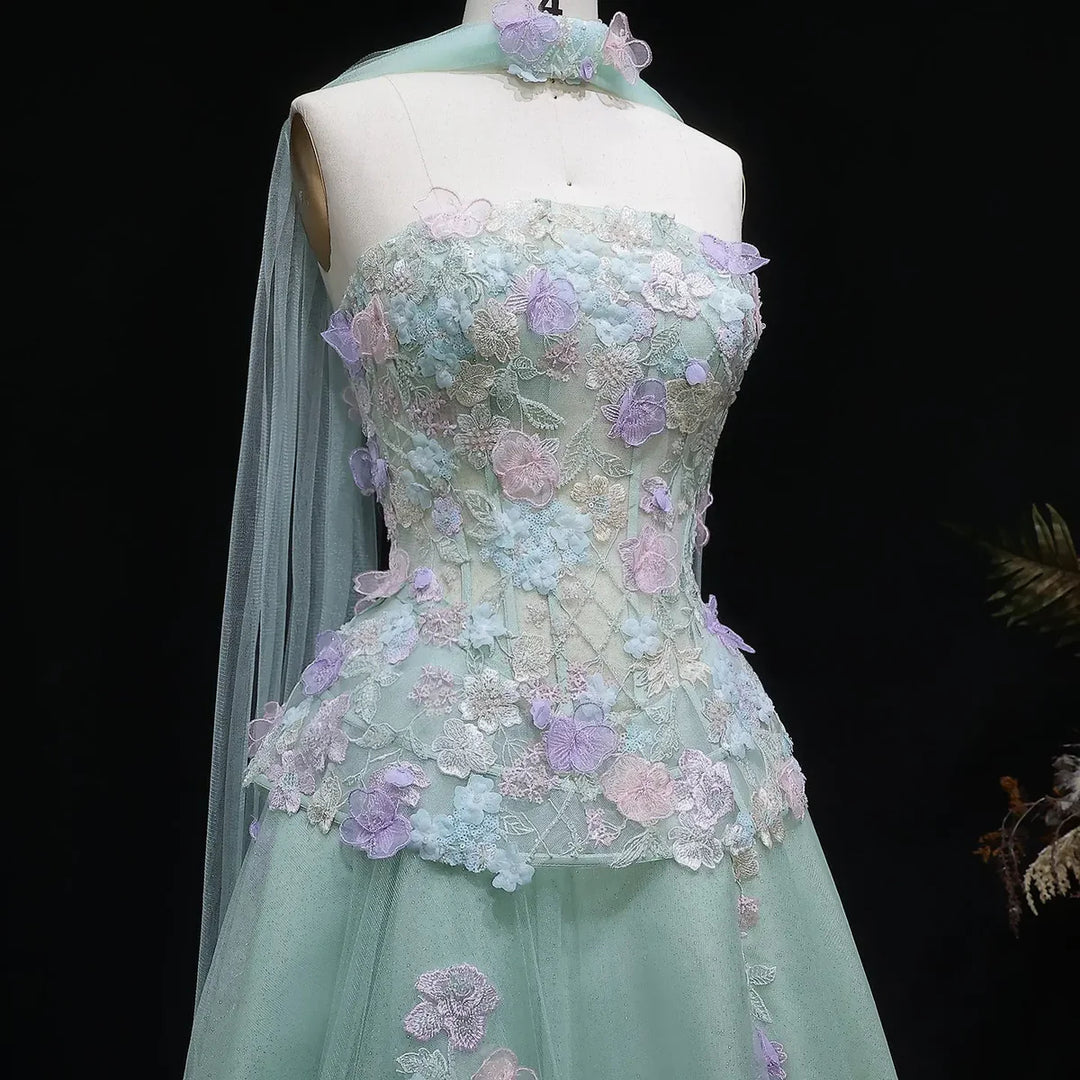 Elegant Sage Green 3D Floral Appliqué Evening Dress with Sheer Scarf SS755-DreamyVow