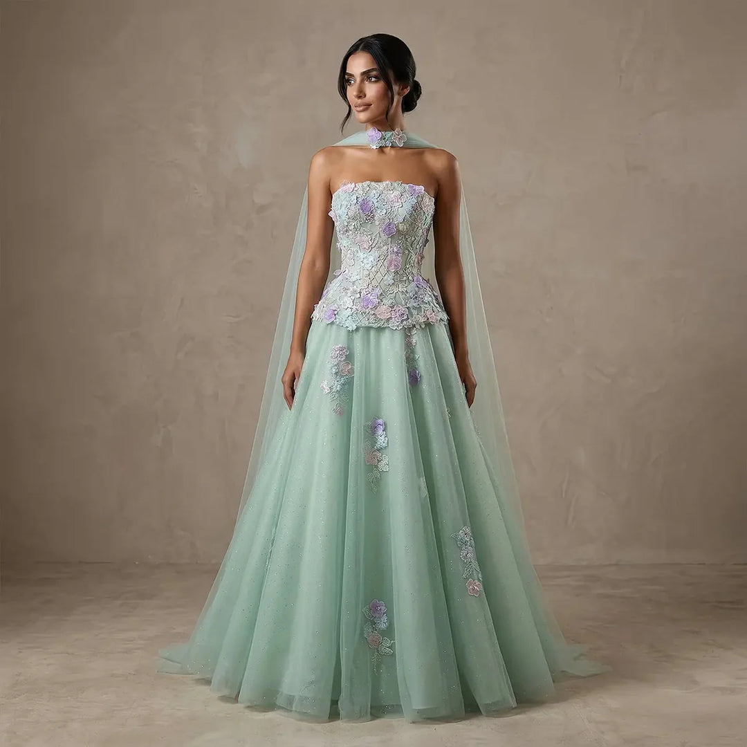 Elegant Sage Green 3D Floral Appliqué Evening Dress with Sheer Scarf SS755-DreamyVow