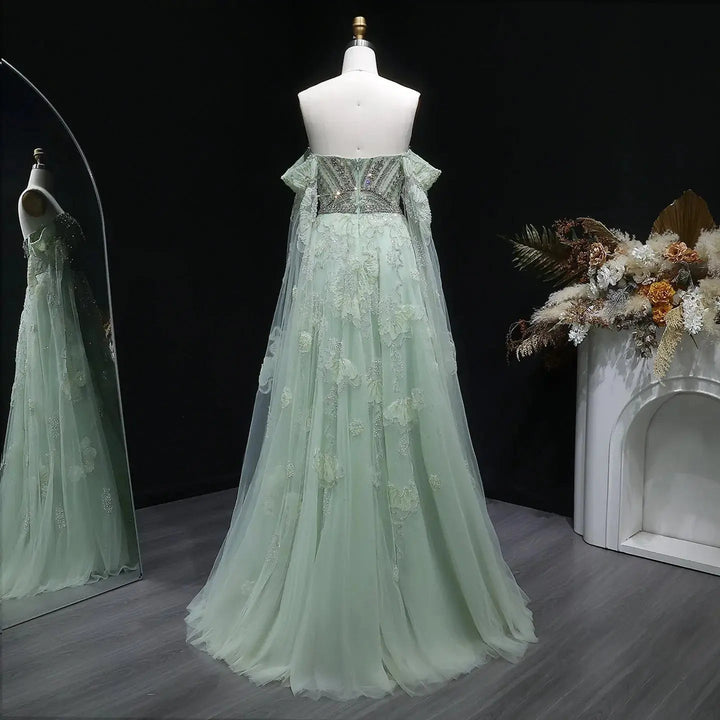 Elegant Sage Green Beaded Strapless Evening Dress with Lace Appliqué SS754-DreamyVow