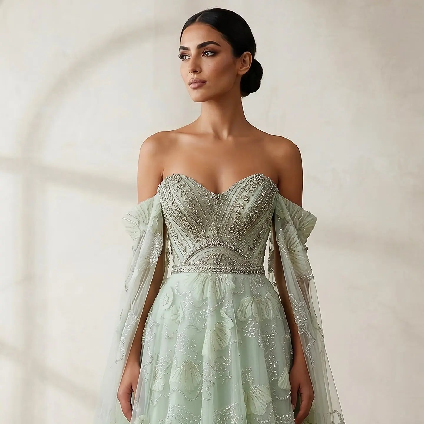 Elegant Sage Green Beaded Strapless Evening Dress with Lace Appliqué SS754
