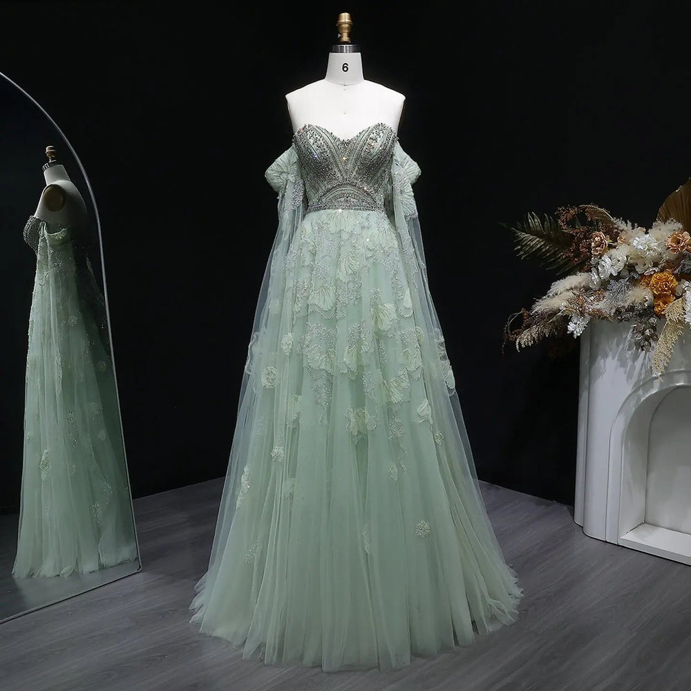 Elegant Sage Green Beaded Strapless Evening Dress with Lace Appliqué SS754-DreamyVow