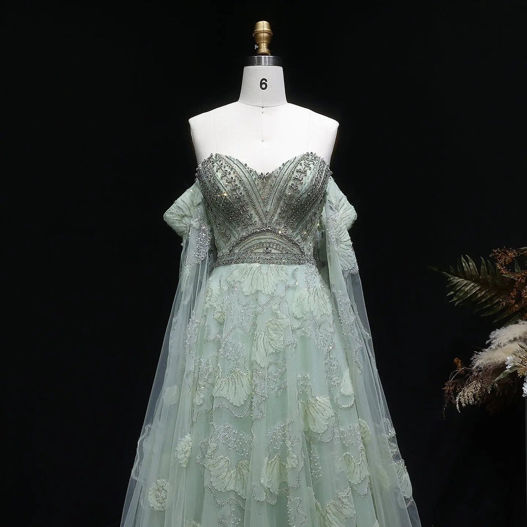 Elegant Sage Green Beaded Strapless Evening Dress with Lace Appliqué SS754-DreamyVow