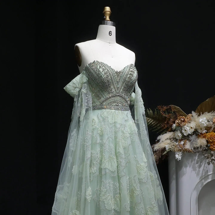 Elegant Sage Green Beaded Strapless Evening Dress with Lace Appliqué SS754-DreamyVow
