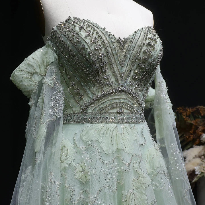 Elegant Sage Green Beaded Strapless Evening Dress with Lace Appliqué SS754-DreamyVow