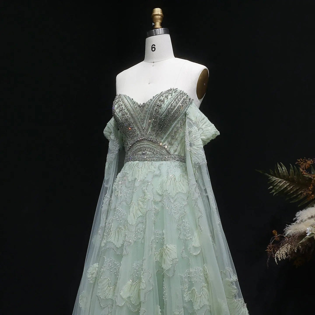 Elegant Sage Green Beaded Strapless Evening Dress with Lace Appliqué SS754 Sage Green / 12