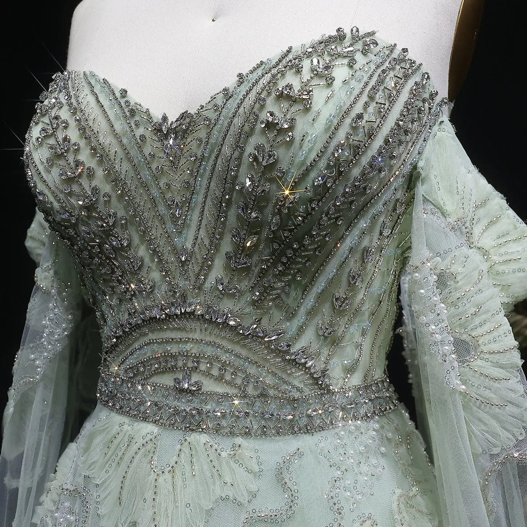 Elegant Sage Green Beaded Strapless Evening Dress with Lace Appliqué SS754-DreamyVow