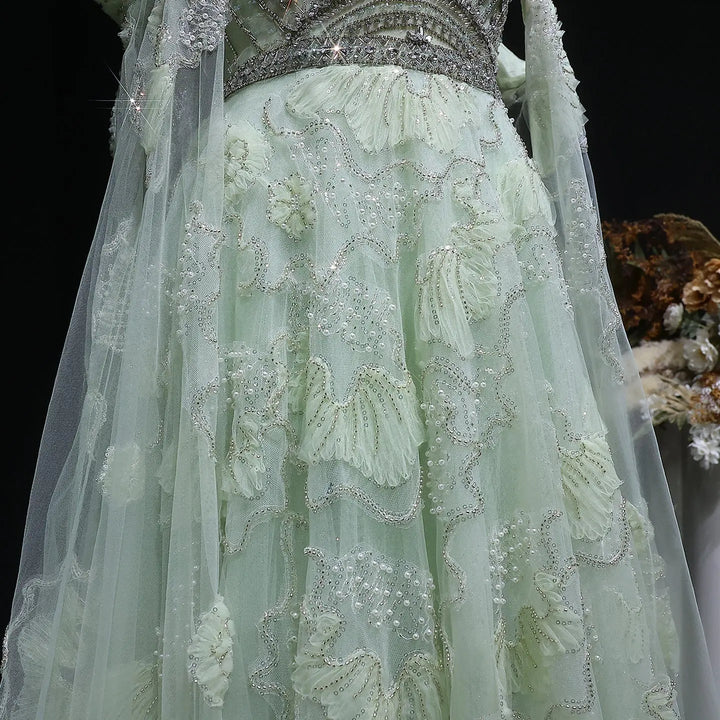 Elegant Sage Green Beaded Strapless Evening Dress with Lace Appliqué SS754-DreamyVow