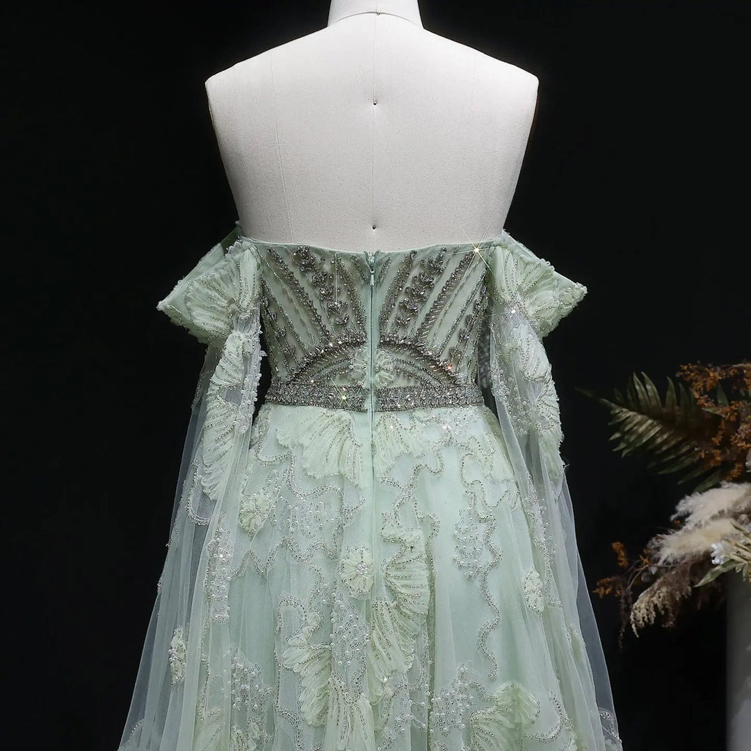 Elegant Sage Green Beaded Strapless Evening Dress with Lace Appliqué SS754-DreamyVow