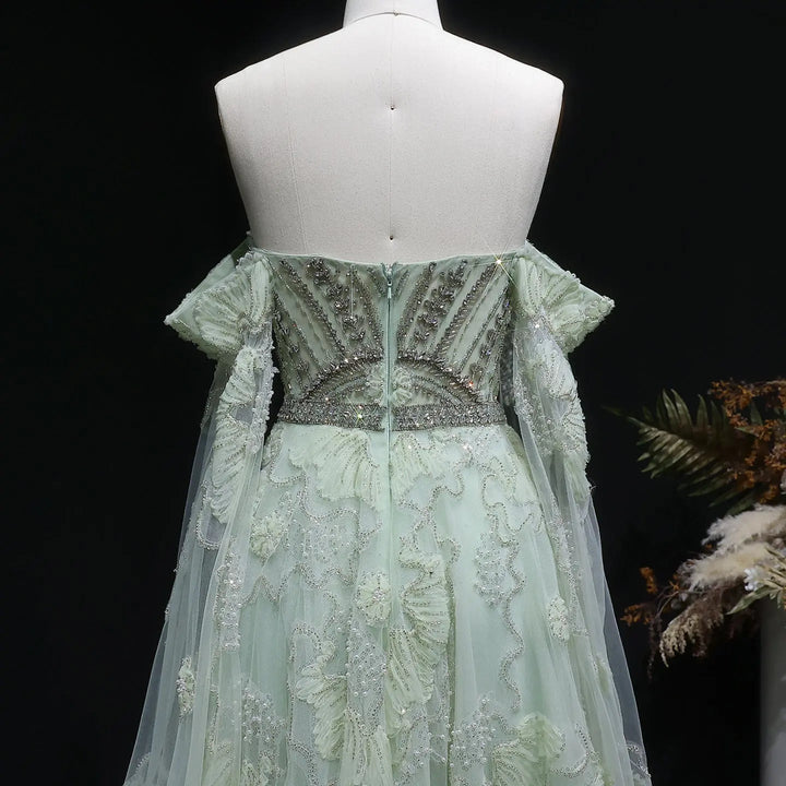 Elegant Sage Green Beaded Strapless Evening Dress with Lace Appliqué SS754-DreamyVow