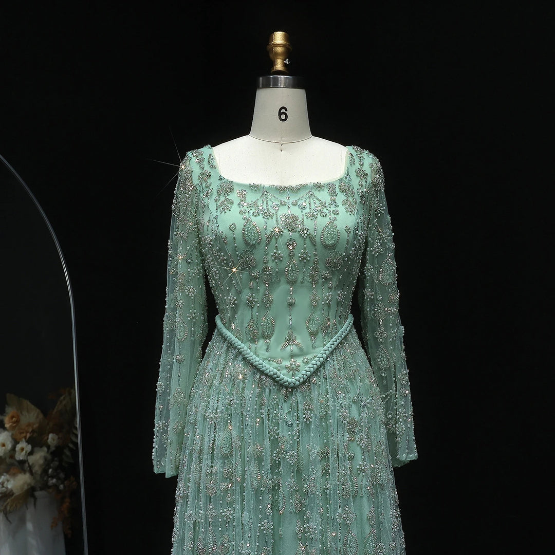 Elegant Sage Green Luxury Evening Dress with Spaghetti Straps SS693