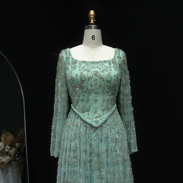 Elegant Sage Green Luxury Evening Dress with Spaghetti Straps SS693