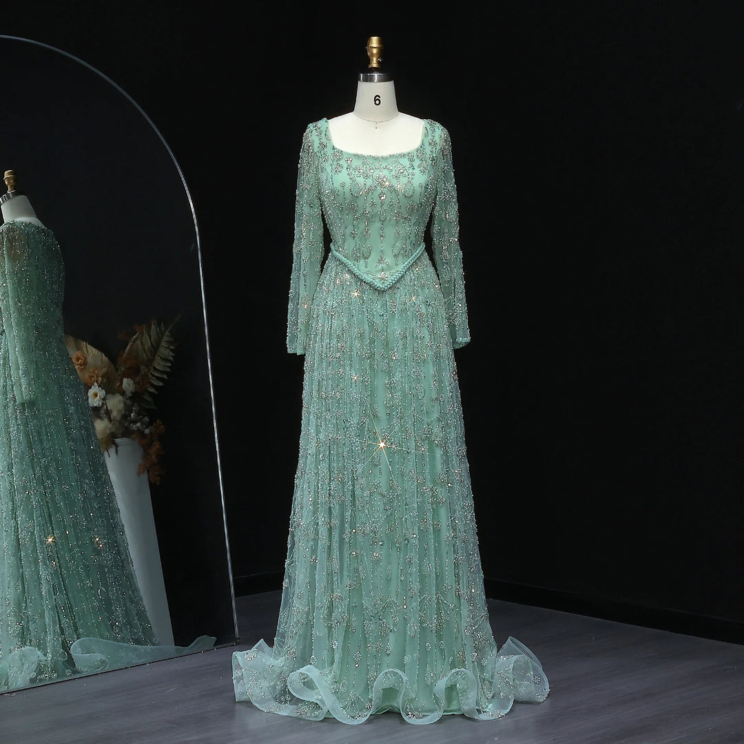 Elegant Sage Green Luxury Evening Dress with Spaghetti Straps SS693