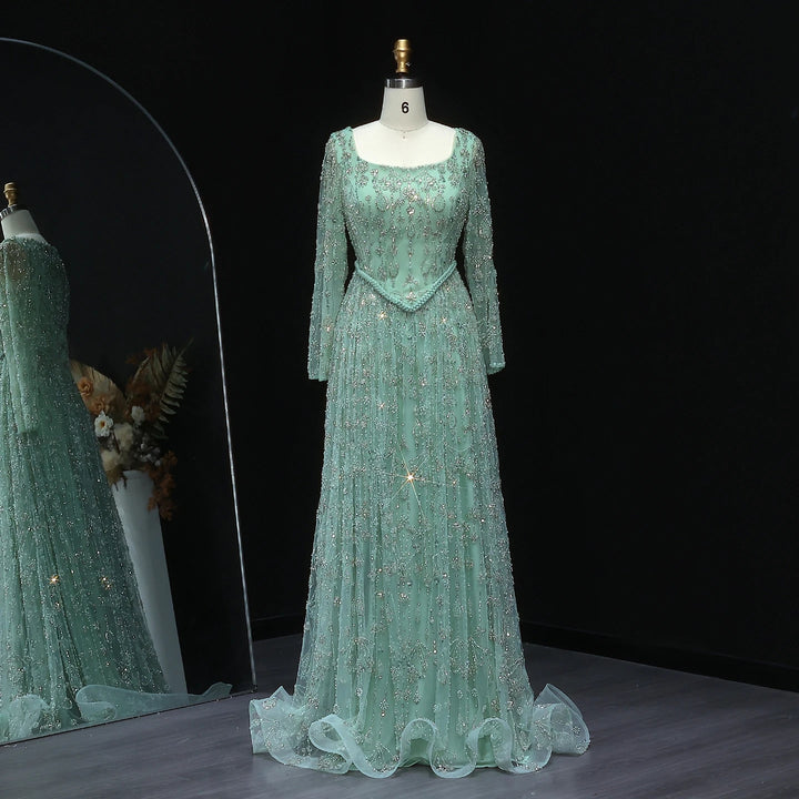 Elegant Sage Green Luxury Evening Dress with Spaghetti Straps SS693