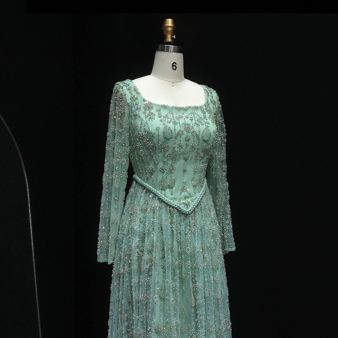 Elegant Sage Green Luxury Evening Dress with Spaghetti Straps SS693