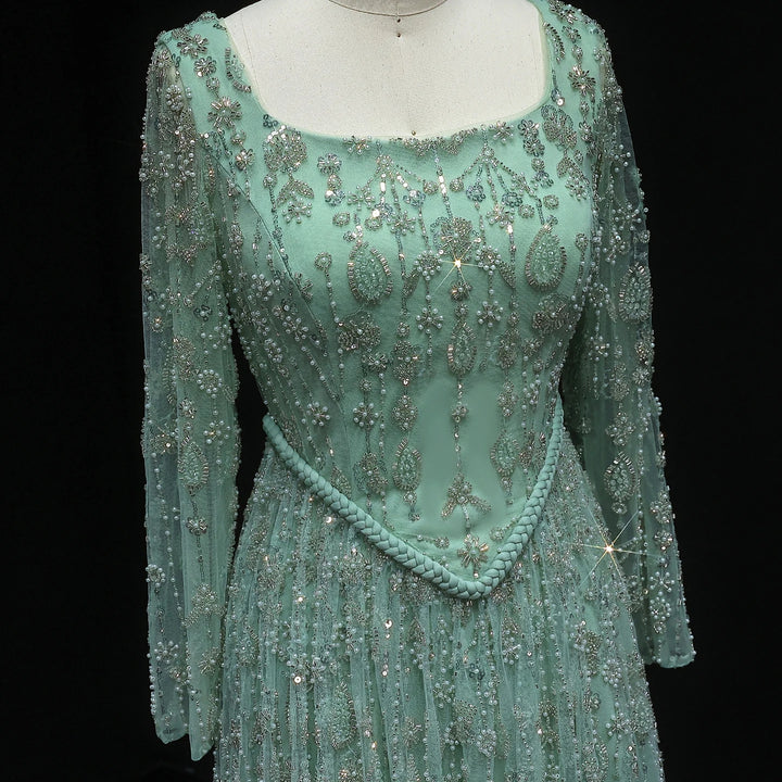 Elegant Sage Green Luxury Evening Dress with Spaghetti Straps SS693