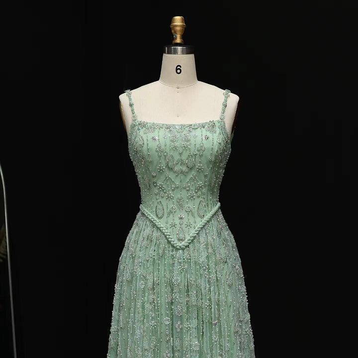 Elegant Sage Green Luxury Evening Dress with Spaghetti Straps SS693