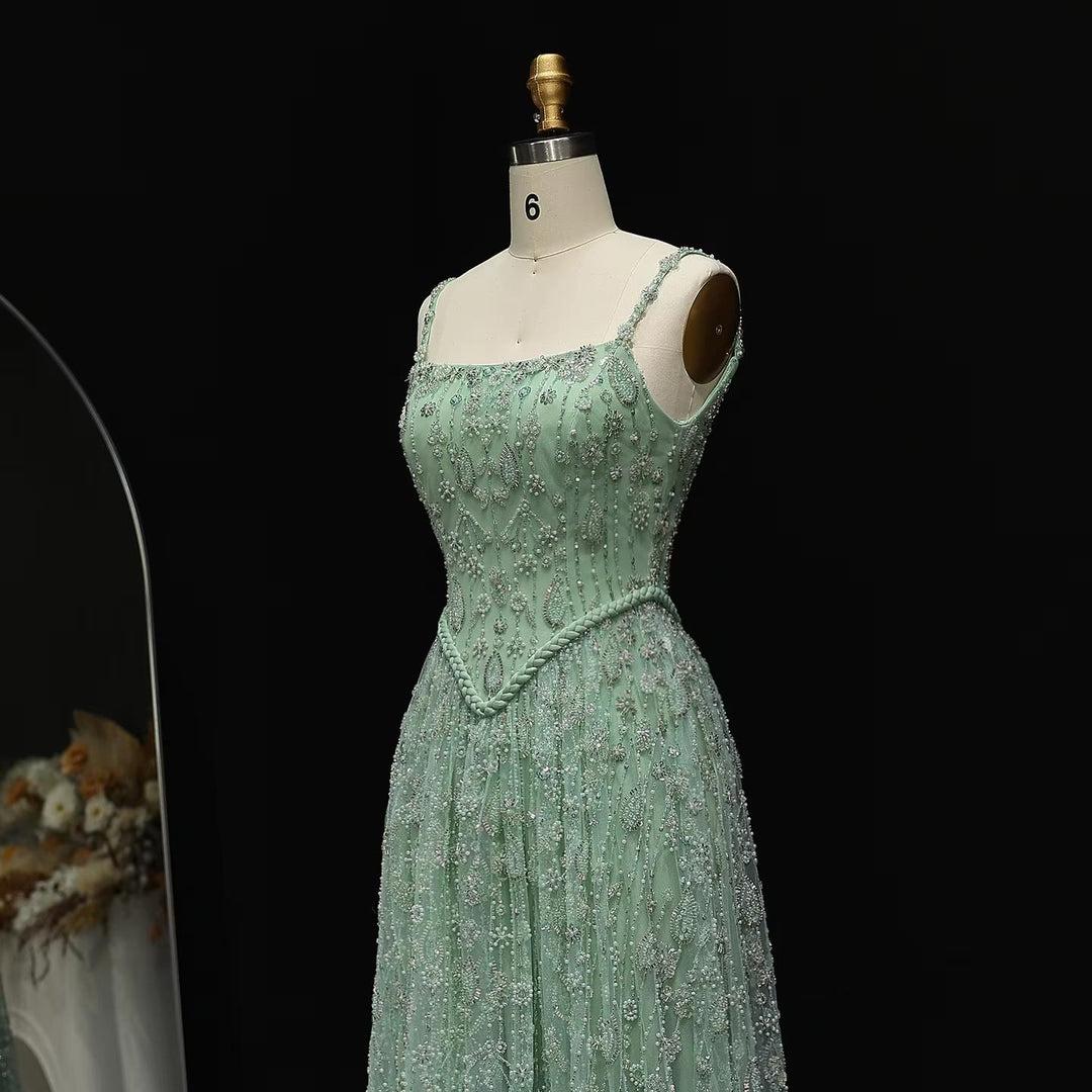 Elegant Sage Green Luxury Evening Dress with Spaghetti Straps SS693