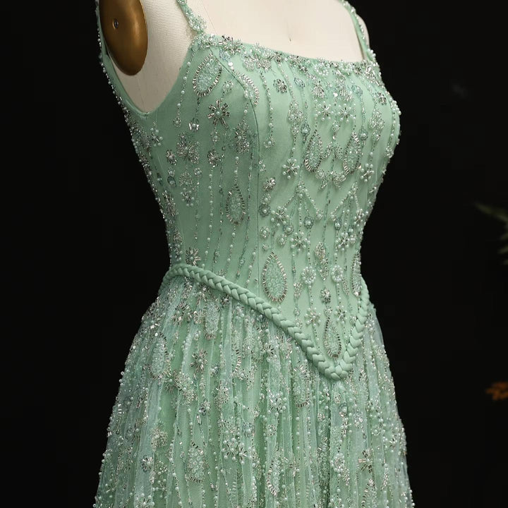 Elegant Sage Green Luxury Evening Dress with Spaghetti Straps SS693
