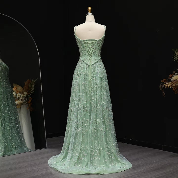 Elegant Sage Green Luxury Evening Dress with Spaghetti Straps SS693