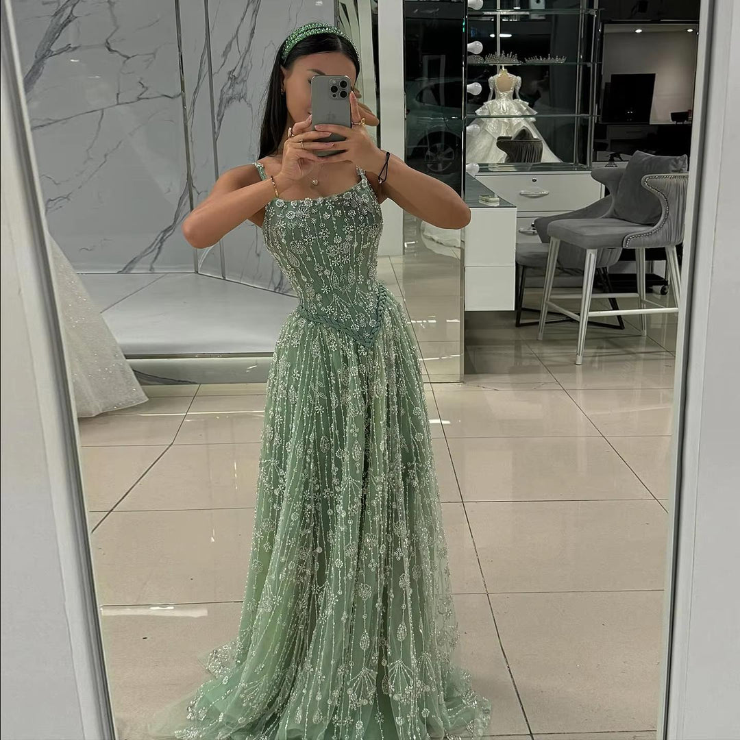 Elegant Sage Green Luxury Evening Dress with Spaghetti Straps SS693