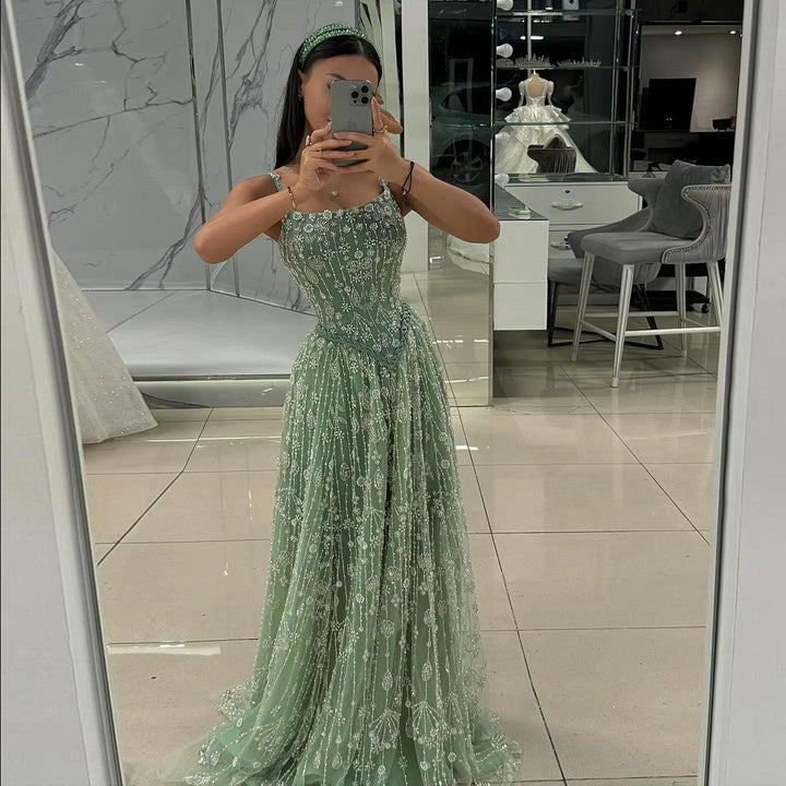 Elegant Sage Green Luxury Evening Dress with Spaghetti Straps SS693