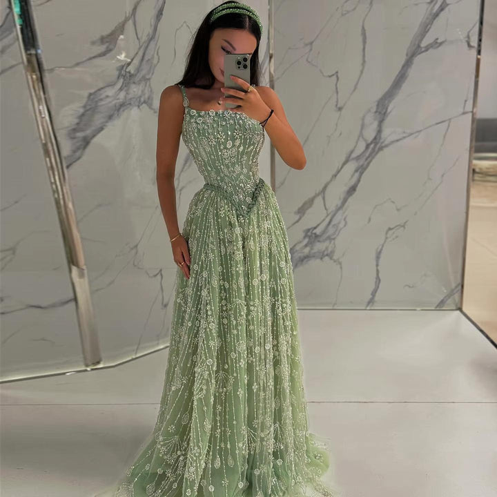 Elegant Sage Green Luxury Evening Dress with Spaghetti Straps SS693