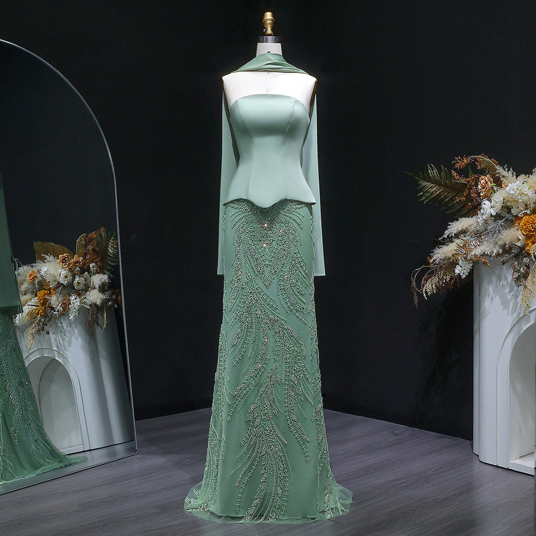 Elegant Sage Green Sequin 2 Pieces Prom Dress with Scarf SS616 Green / 12 Elegant Sage Green Sequin 2 Pieces Prom Dress with Scarf SS616 Green / 12