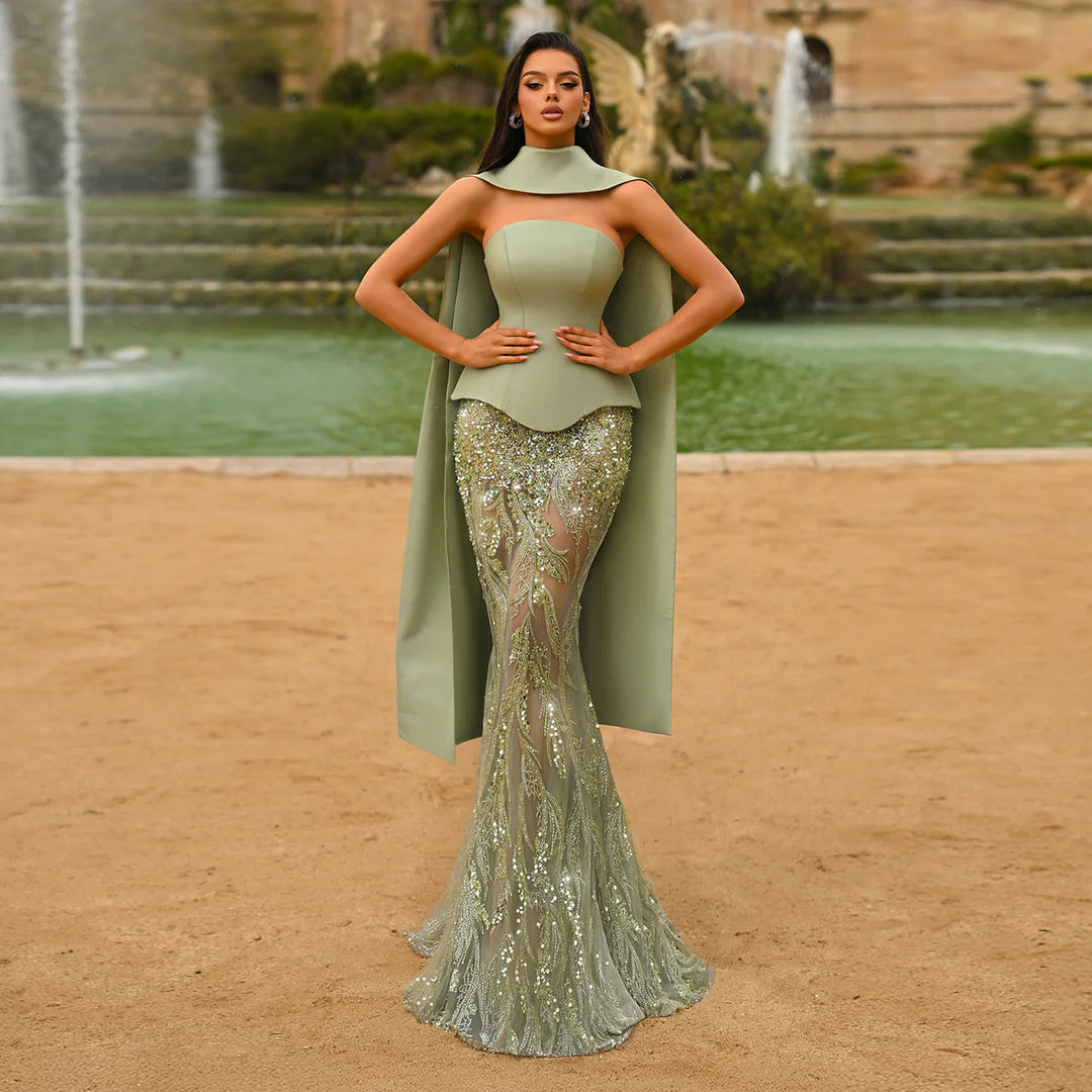 Elegant Sage Green Sequin 2 Pieces Prom Dress with Scarf SS616 Elegant Sage Green Sequin 2 Pieces Prom Dress with Scarf SS616