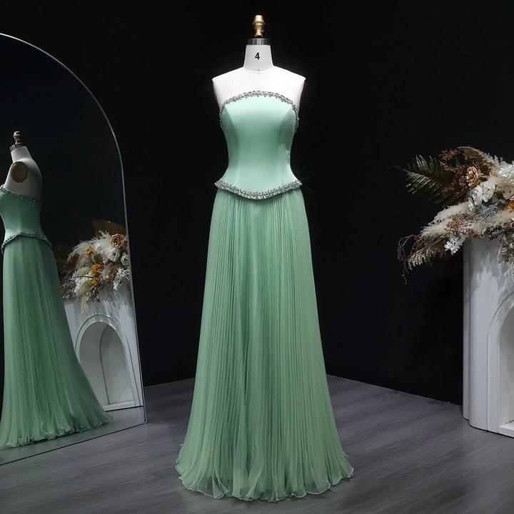 Elegant Strapless Chiffon Pleated Evening Dress with Crystal Trim Corset SS789-DreamyVow