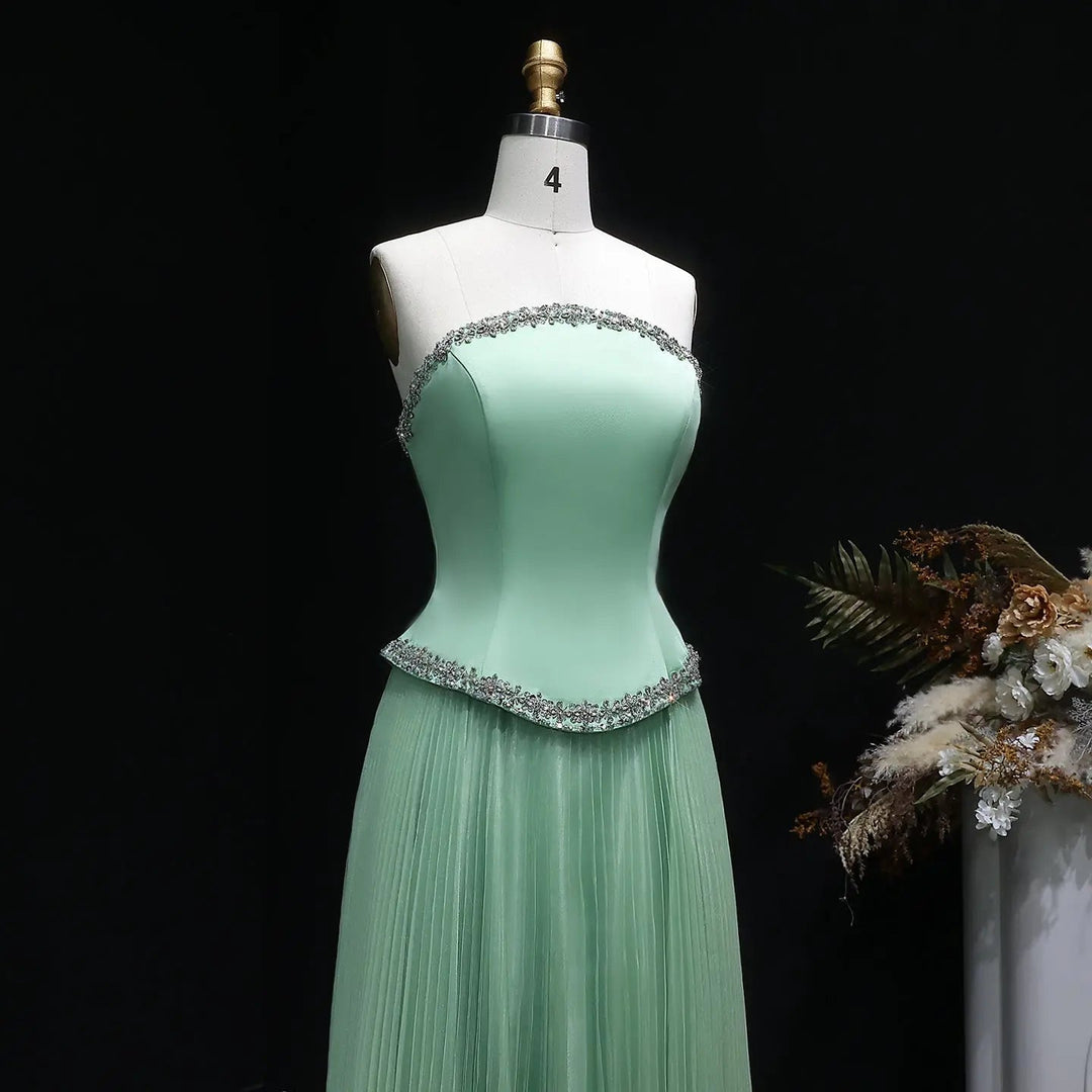 Elegant Strapless Chiffon Pleated Evening Dress with Crystal Trim Corset SS789-DreamyVow