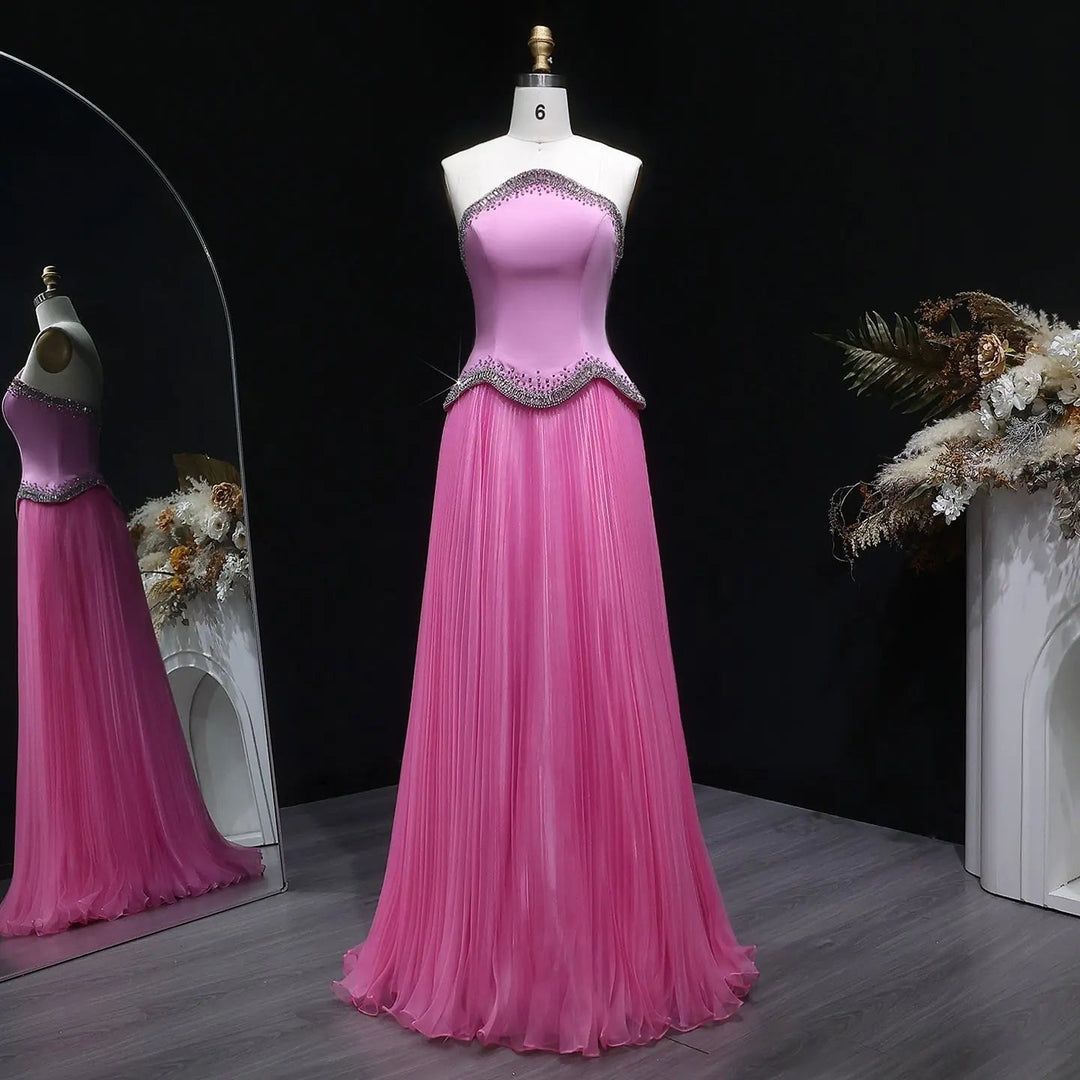 Elegant Strapless Chiffon Pleated Evening Dress with Crystal Trim Corset SS789-DreamyVow