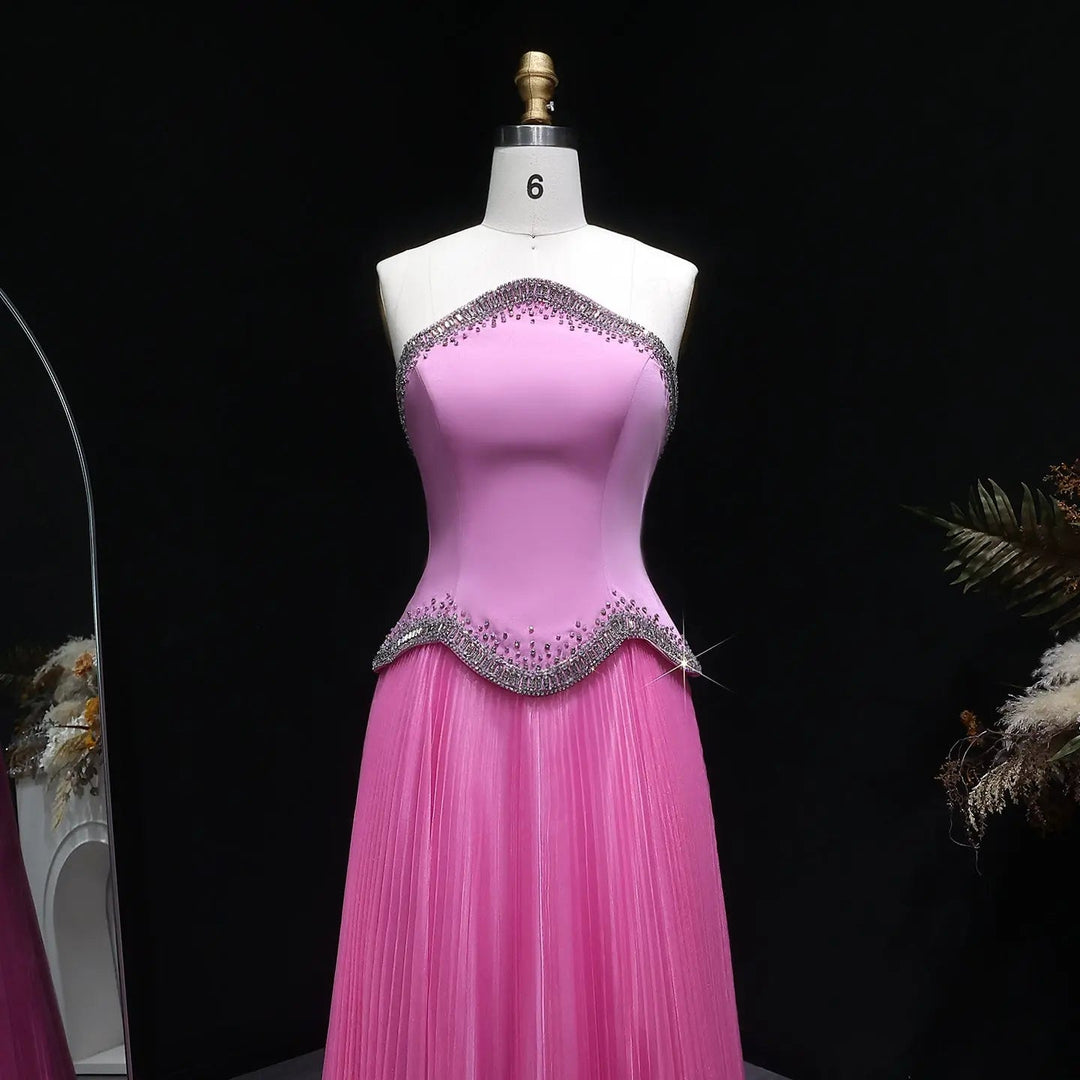 Elegant Strapless Chiffon Pleated Evening Dress with Crystal Trim Corset SS789-DreamyVow