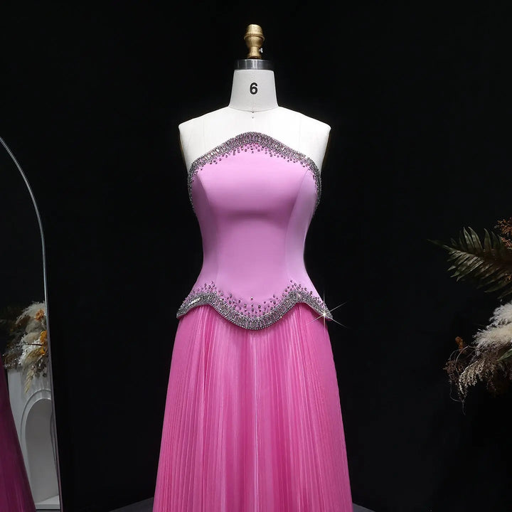 Elegant Strapless Chiffon Pleated Evening Dress with Crystal Trim Corset SS789-DreamyVow