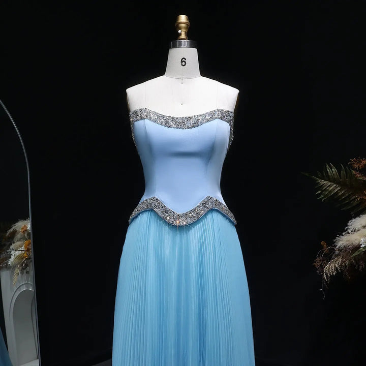 Elegant Strapless Chiffon Pleated Evening Dress with Crystal Trim Corset SS789-DreamyVow