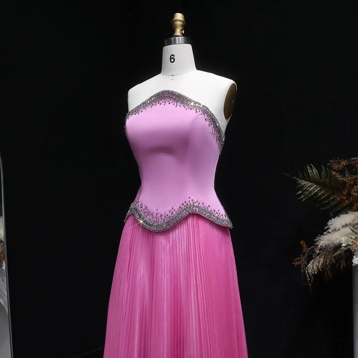 Elegant Strapless Chiffon Pleated Evening Dress with Crystal Trim Corset SS789-DreamyVow