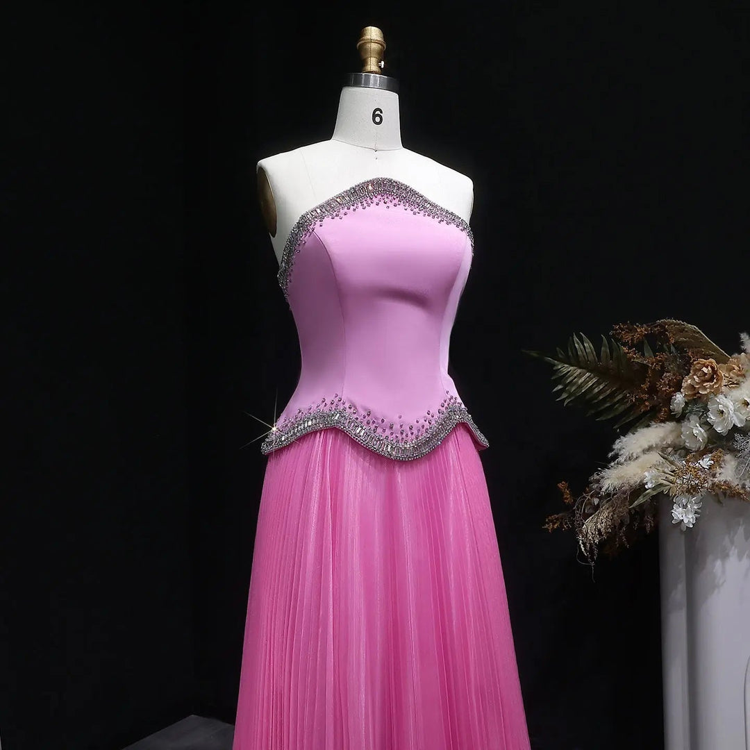 Elegant Strapless Chiffon Pleated Evening Dress with Crystal Trim Corset SS789-DreamyVow